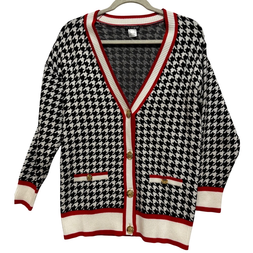 Venus Womens Houndstooth Cardigan Sweater Black White Red Sz S Academia preppy